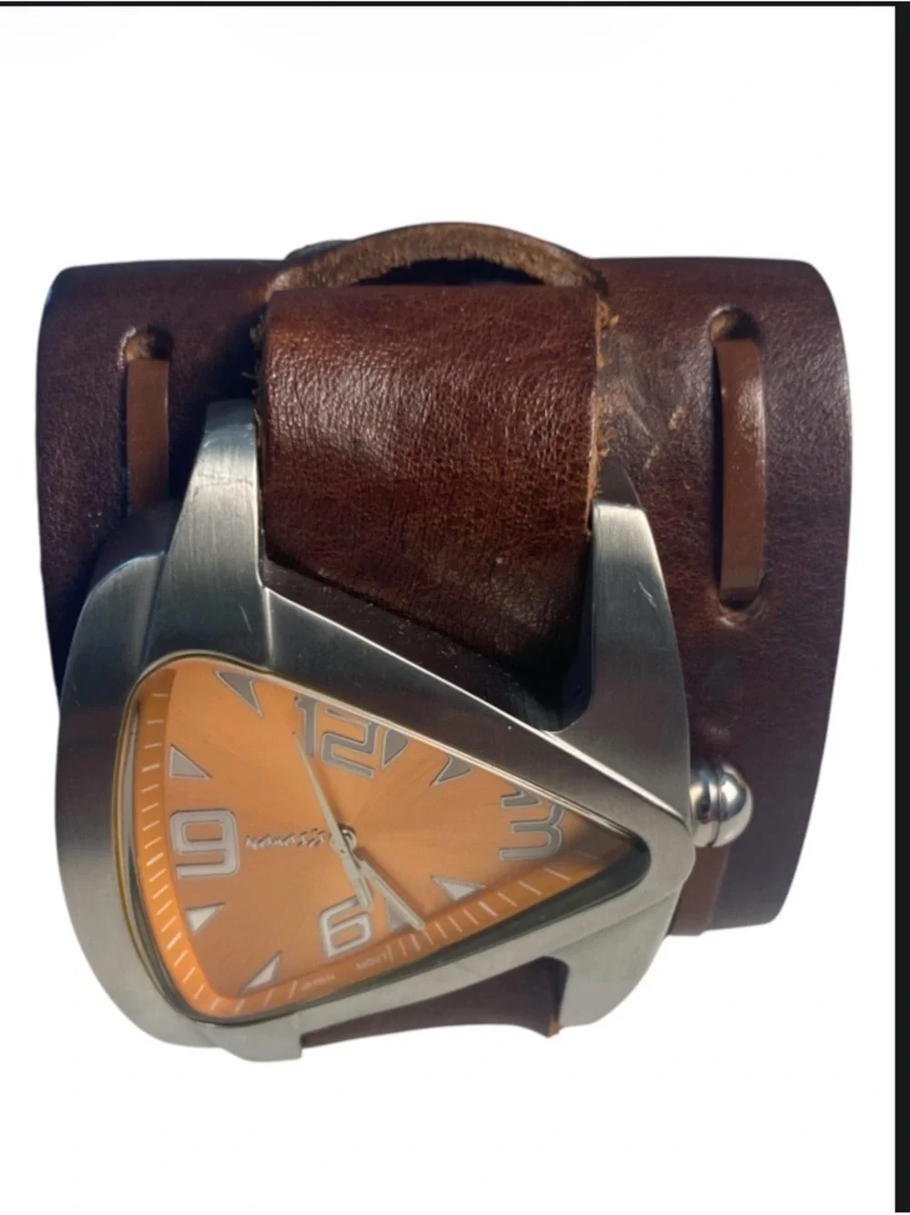 Nemesis Stainless Steel Brown Leather Cuff Watch with Orange Triangle Dial